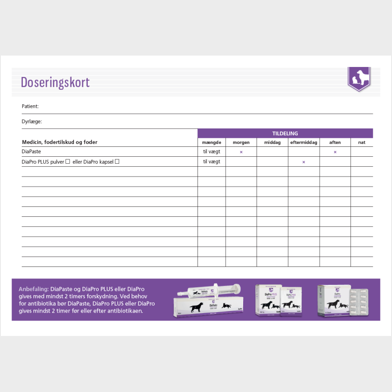 Doseringskort - DiaPaste, DiaPro &amp; DiaPro PLUS